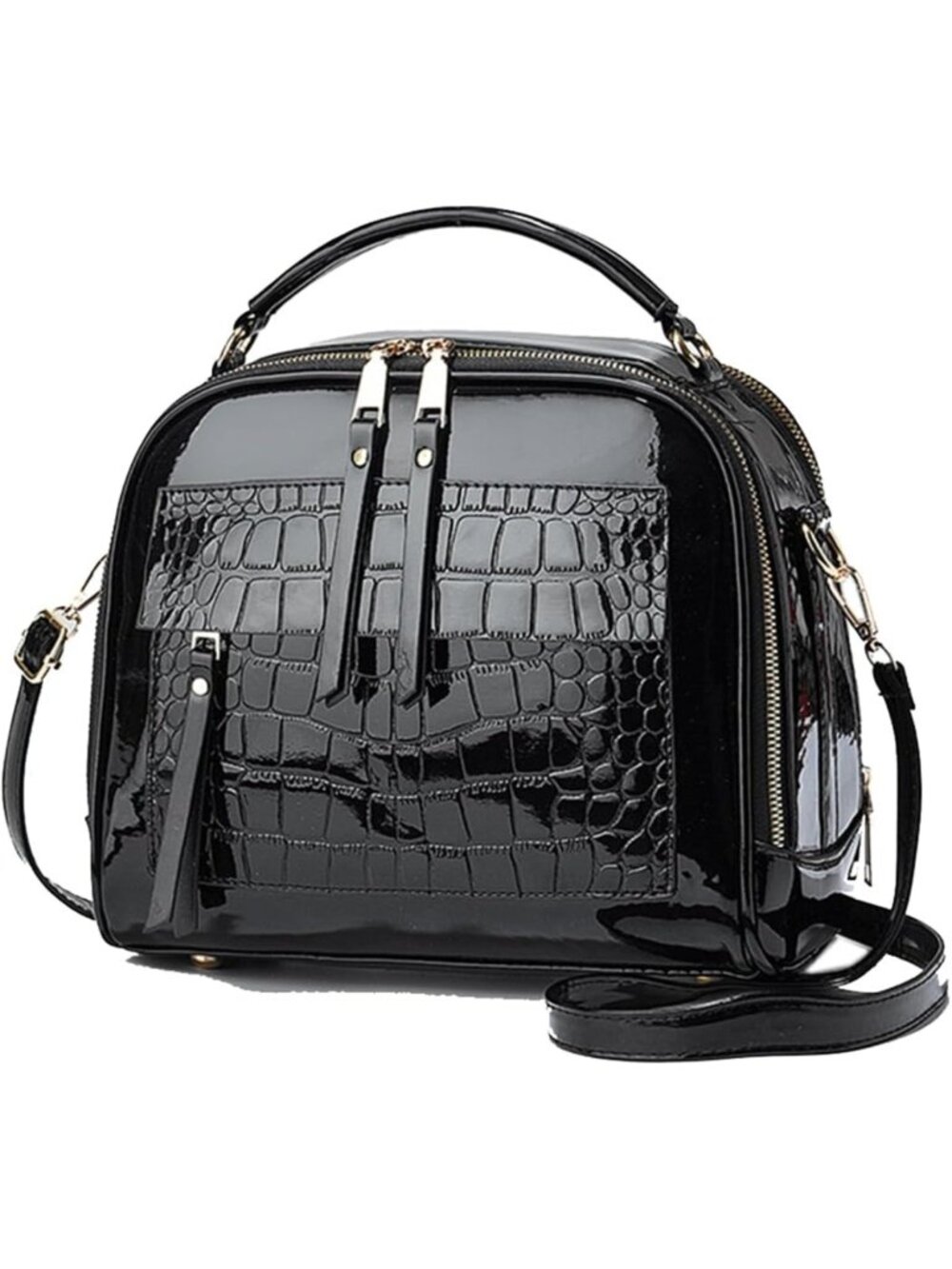 Stylish Patent Leather Multi-Pocket Satchel & Crossbody Bag with Zipper Closure